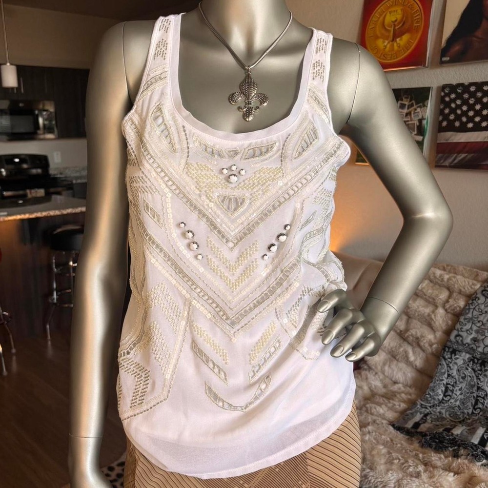 Express Beaded Sequin Boho Tank Top XS Cream Ivory Y2K Festival